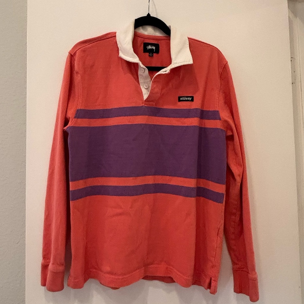 Stussy Long Sleeve striped collared Rugby Shirt streetwear skate surf retro Y2K